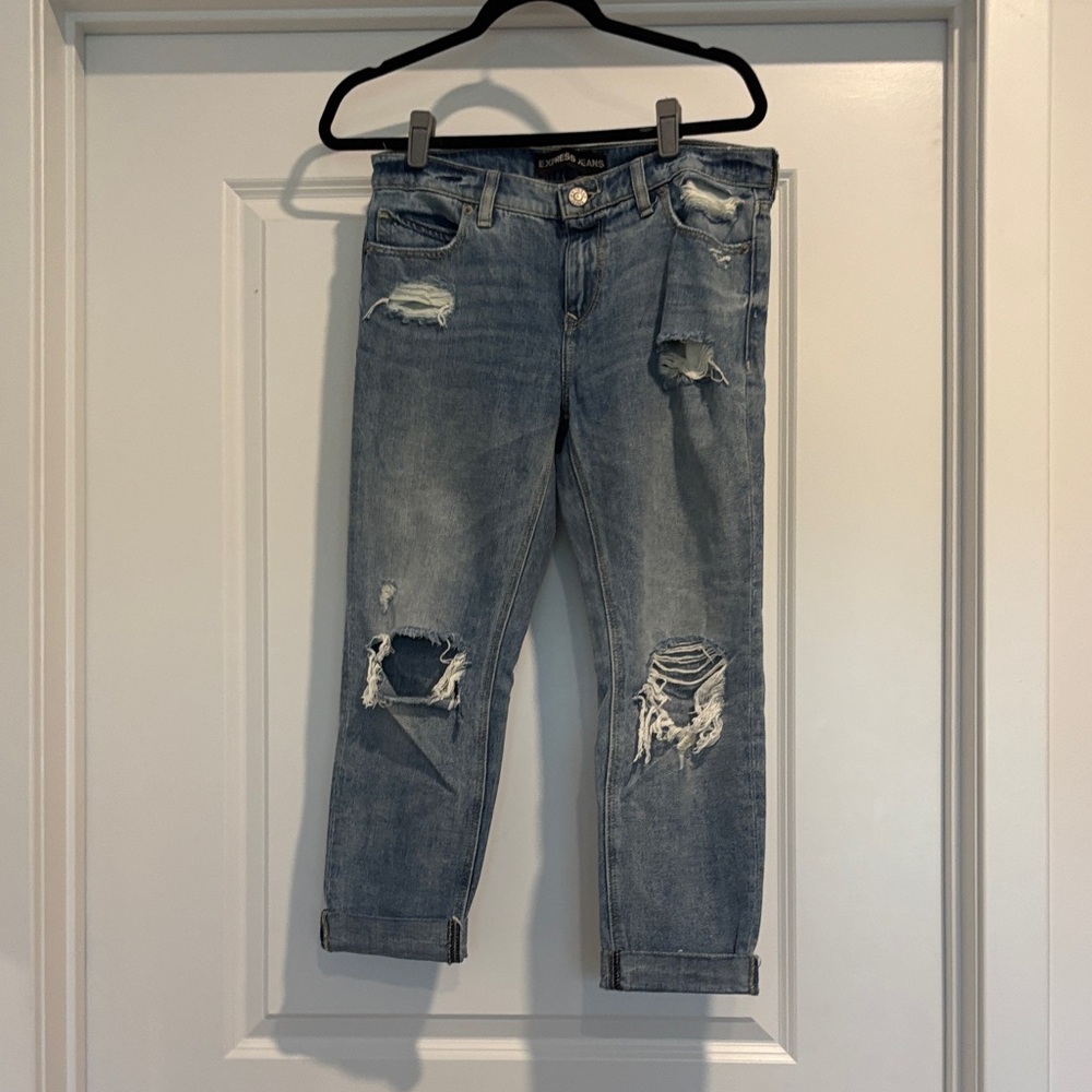 Express Light Blue Distressed Cropped Girlfriend Jeans